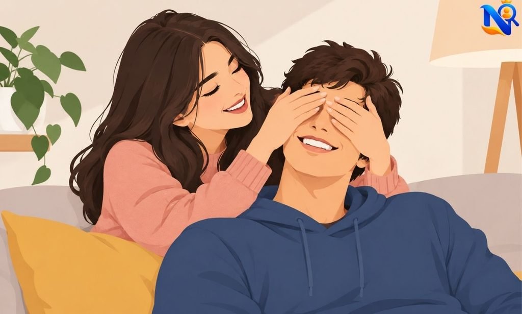 Couple sharing a playful romantic moment on a cozy sofa