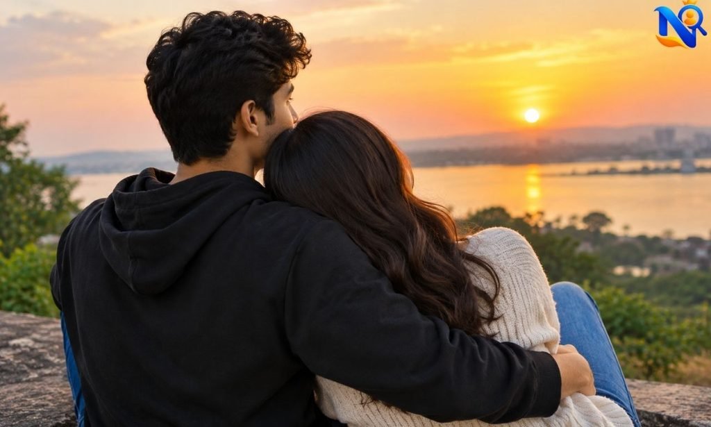 Boyfriend and girlfriend sitting together in a warm sunset, sharing a peaceful and romantic moment by the lake.