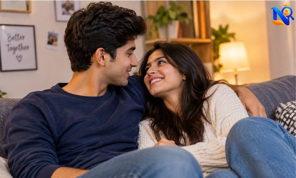 Boyfriend and girlfriend cuddling on a sofa and smiling lovingly at each other in a cozy living room.